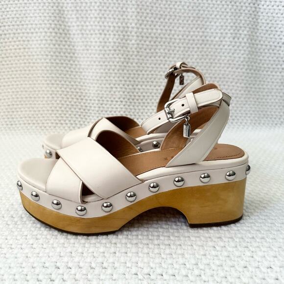 Coach NIB Astor Semi Matte Leather Chalk White Studded Platform Wood Clog Heel 6 - Picture 5 of 11